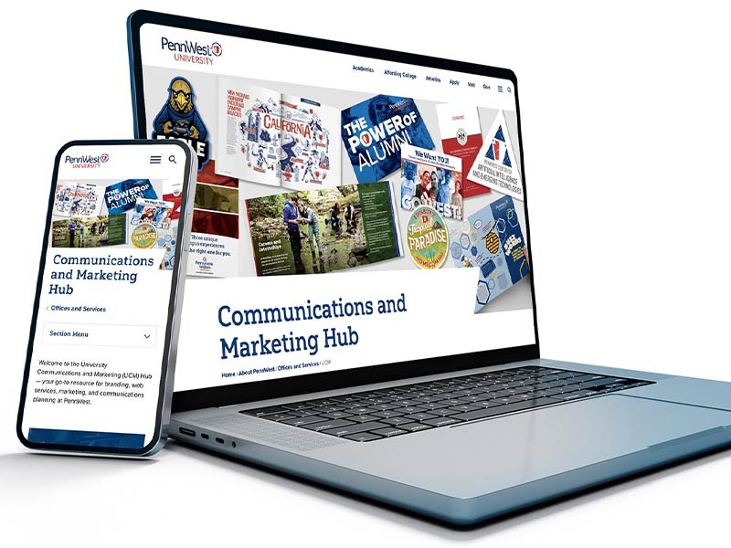 A laptop and mobile phone displaying the UCM Hub webpage