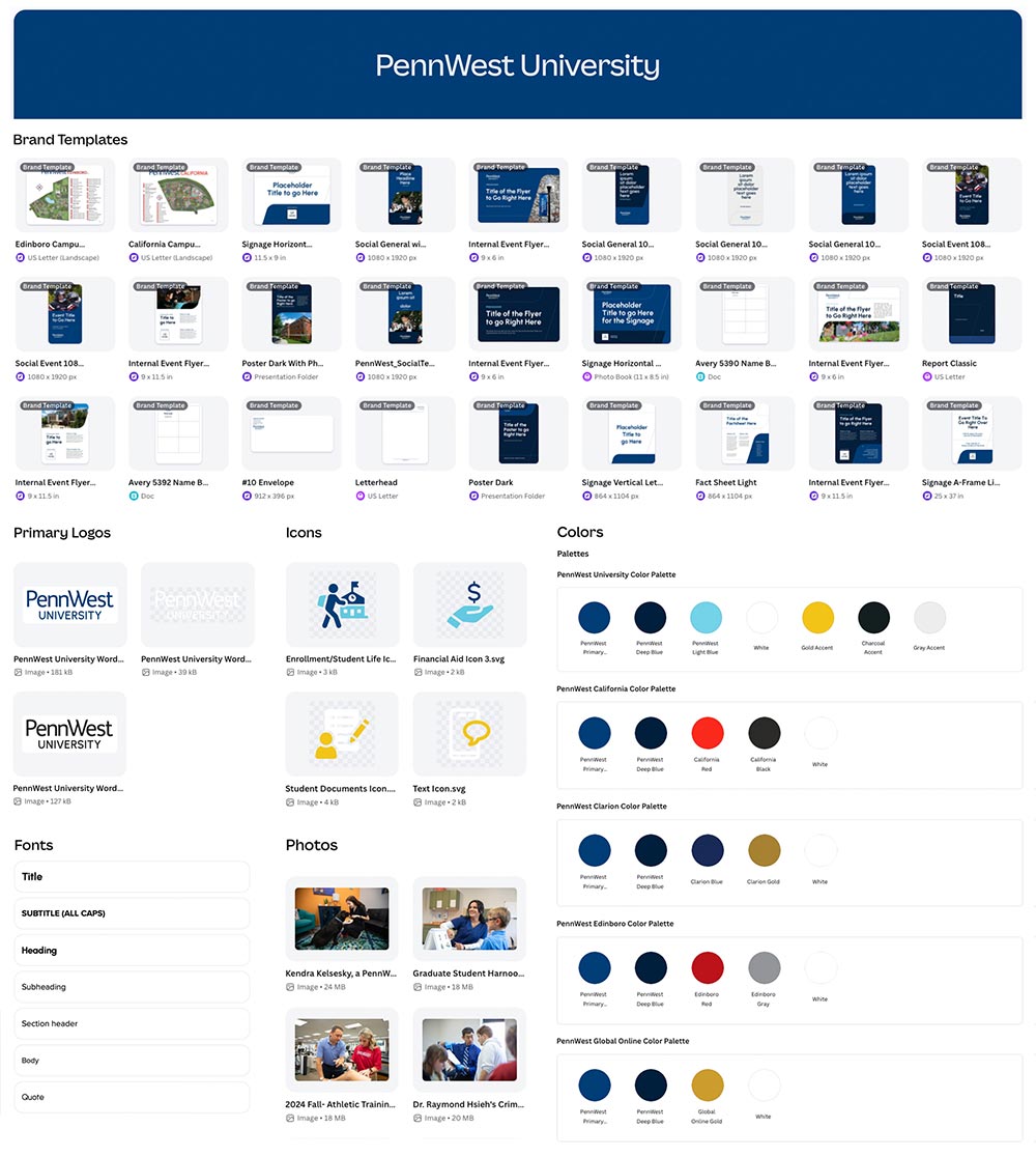 a collage of brand features and examples from a PennWest Canva Enterprise account