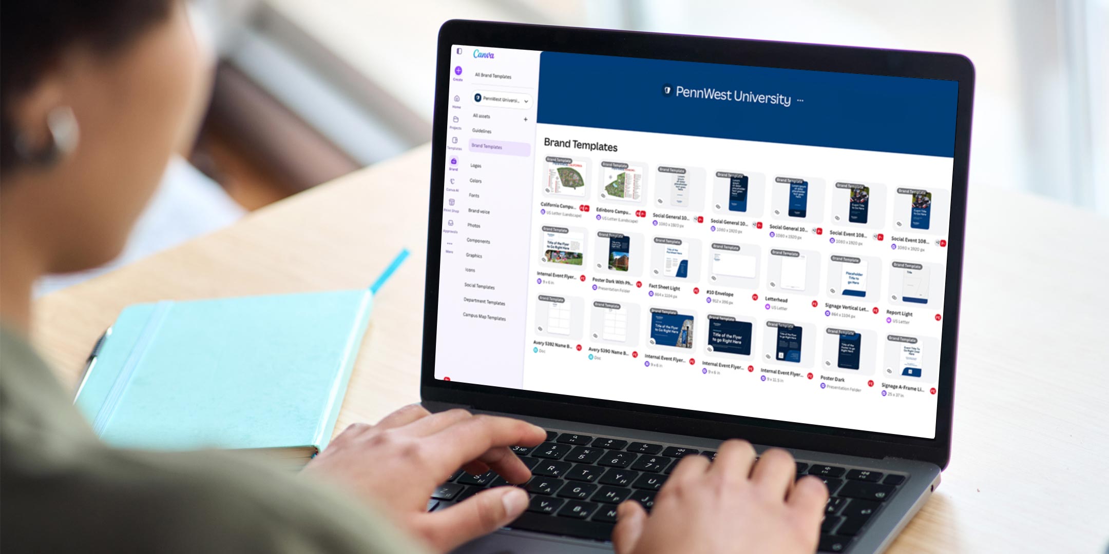 a PennWest employee using Canva Enterprise on a laptop