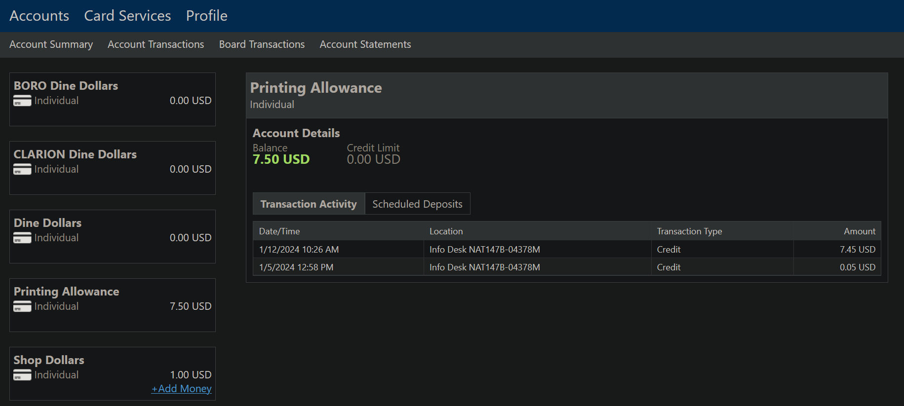 screenshot of printing allowance