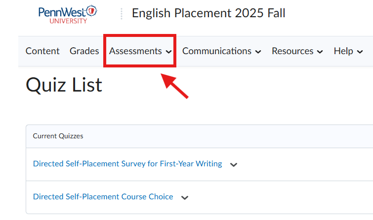 A screenshot of the english placement test quiz list
