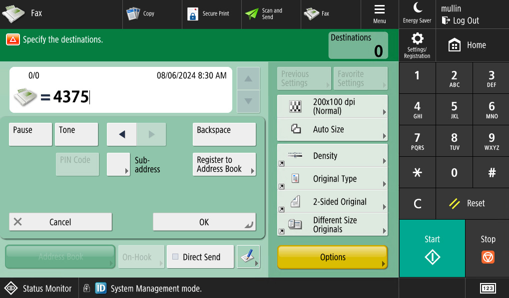 Example Fax Number Screen