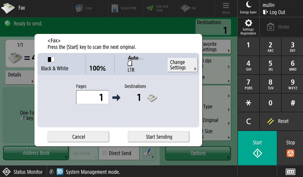 Example of Start Sending Screen