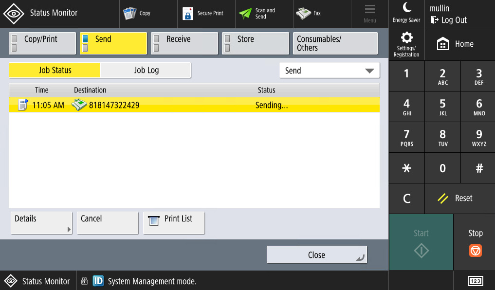 Example of Job Status Screen