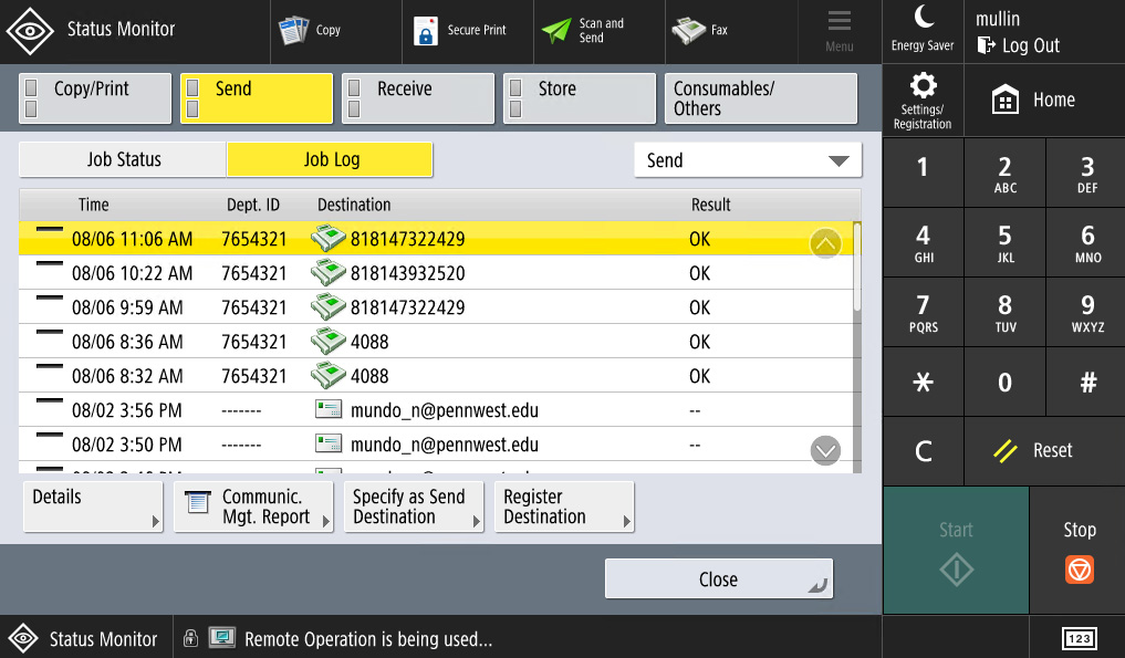 Example of Job Status Monitor Screen