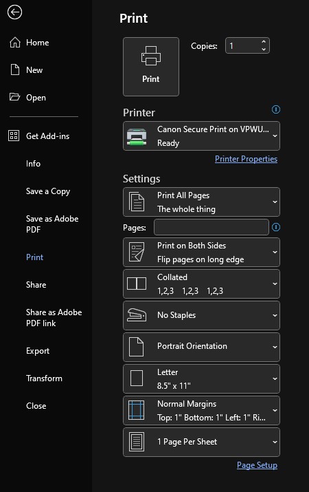 screenshot of canon secure print options