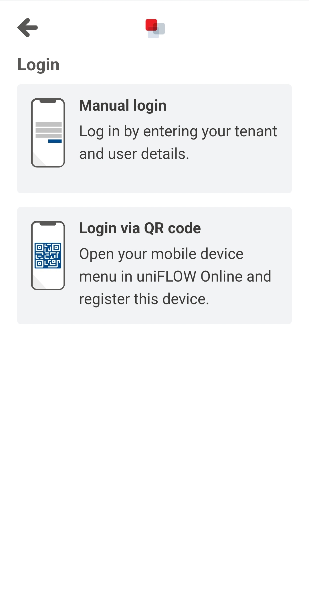 screenshot of mobile printing login options