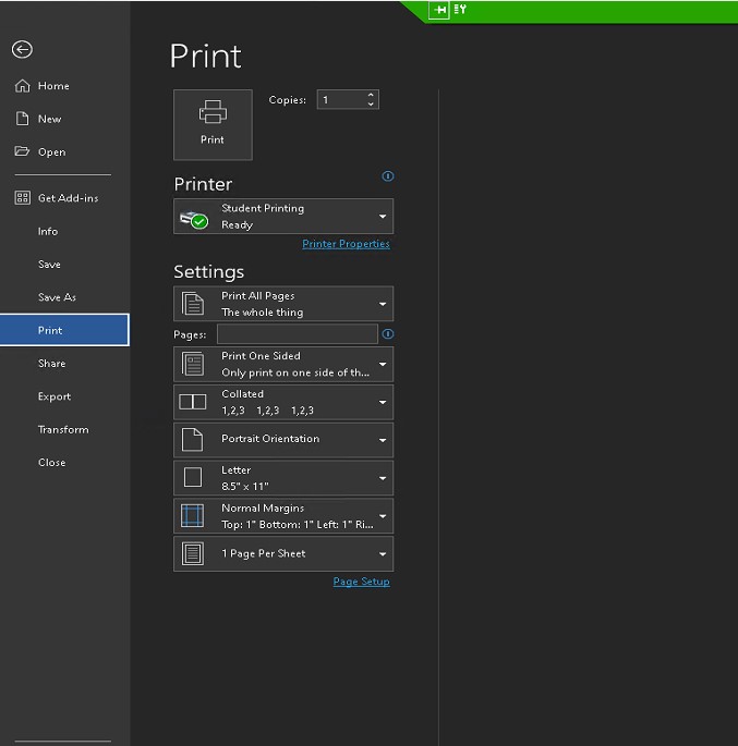 screenshot of selecting student printing on computer