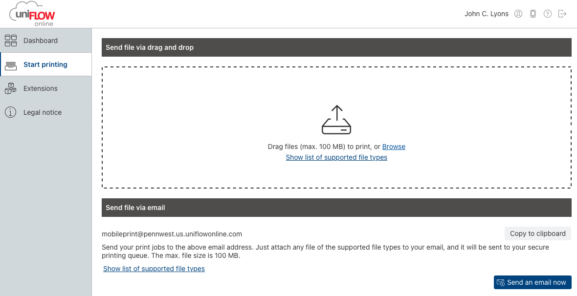 screenshot of uniflow login