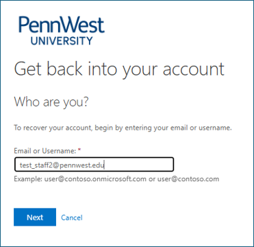 screenshot of PennWest email address prompt