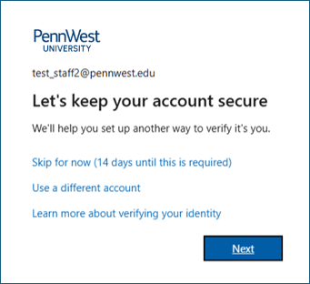 Screenshot of the Pennwest multi-factor authentication set up window and Next button