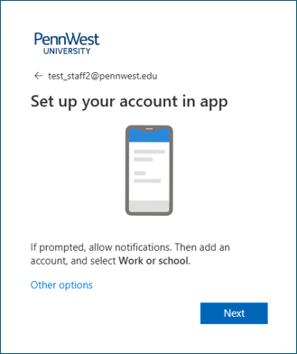Screenshot of MFA app set up prompt and Next button