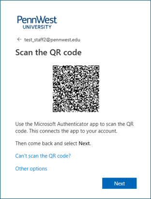 Screenshot of QR code fo rMFA set up and Next button