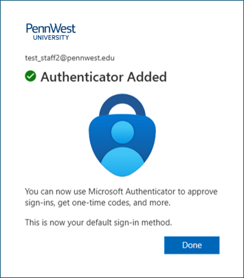 Screenshot of Authenticator Added notification and Done button