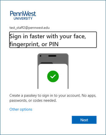 screenshot of passkey setup prompt 2 and Next button