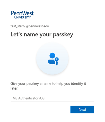 Screenshot of passkey name option and Next button