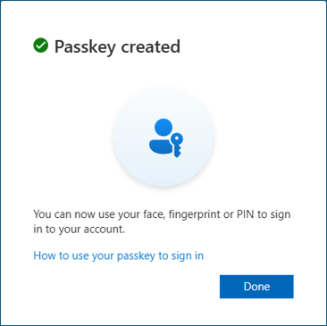 Screenshot of Passkey Created notification and Done button