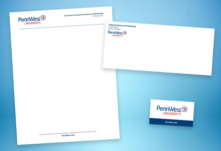 a collage of a PennWest letterhead, envelope and name badge