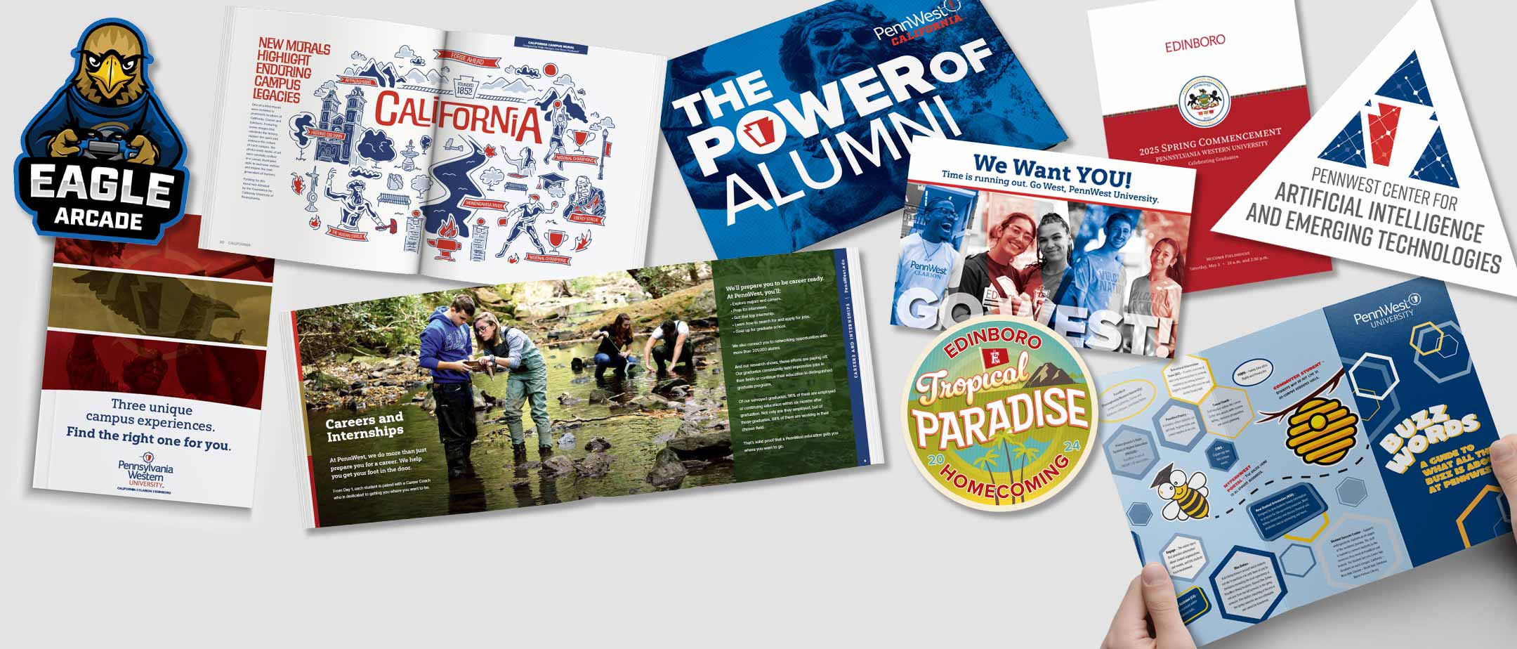 A collage of communications and marketing projects