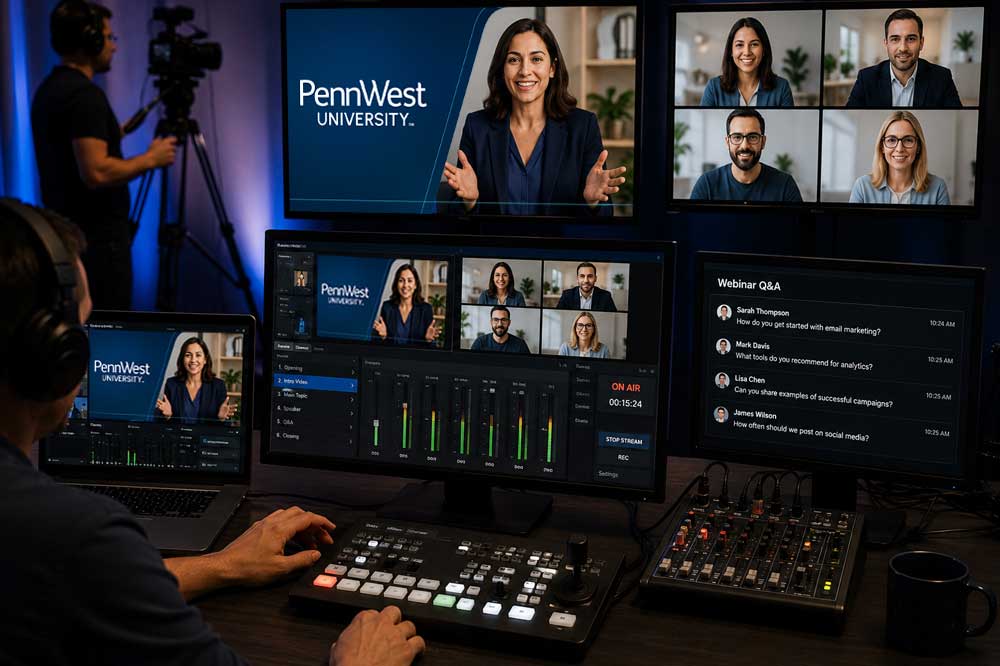 employees setting up for a virtual event