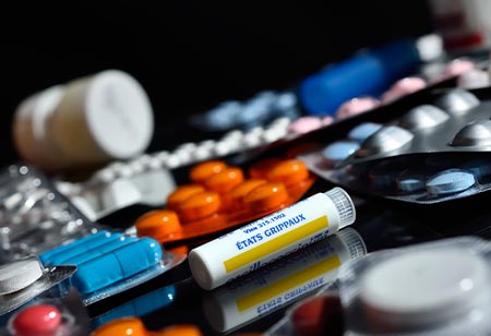 Various medications displayed on a table
