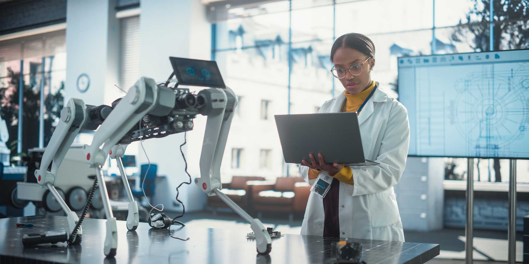a robotics engineering technology student adjusting parameters for a project
