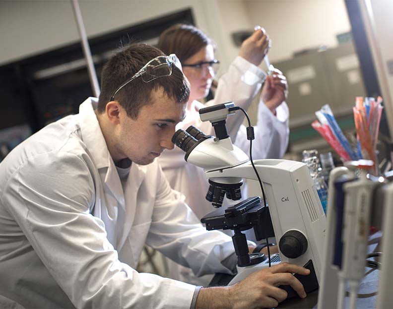 A student looking through a microscope