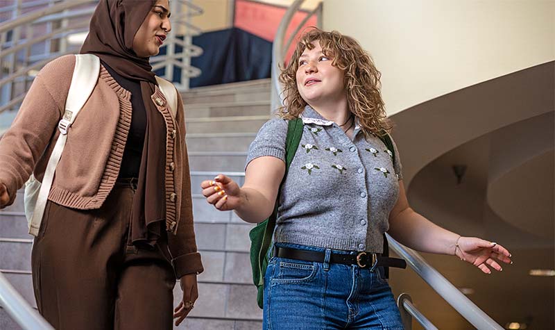Students walking down steps in the student center