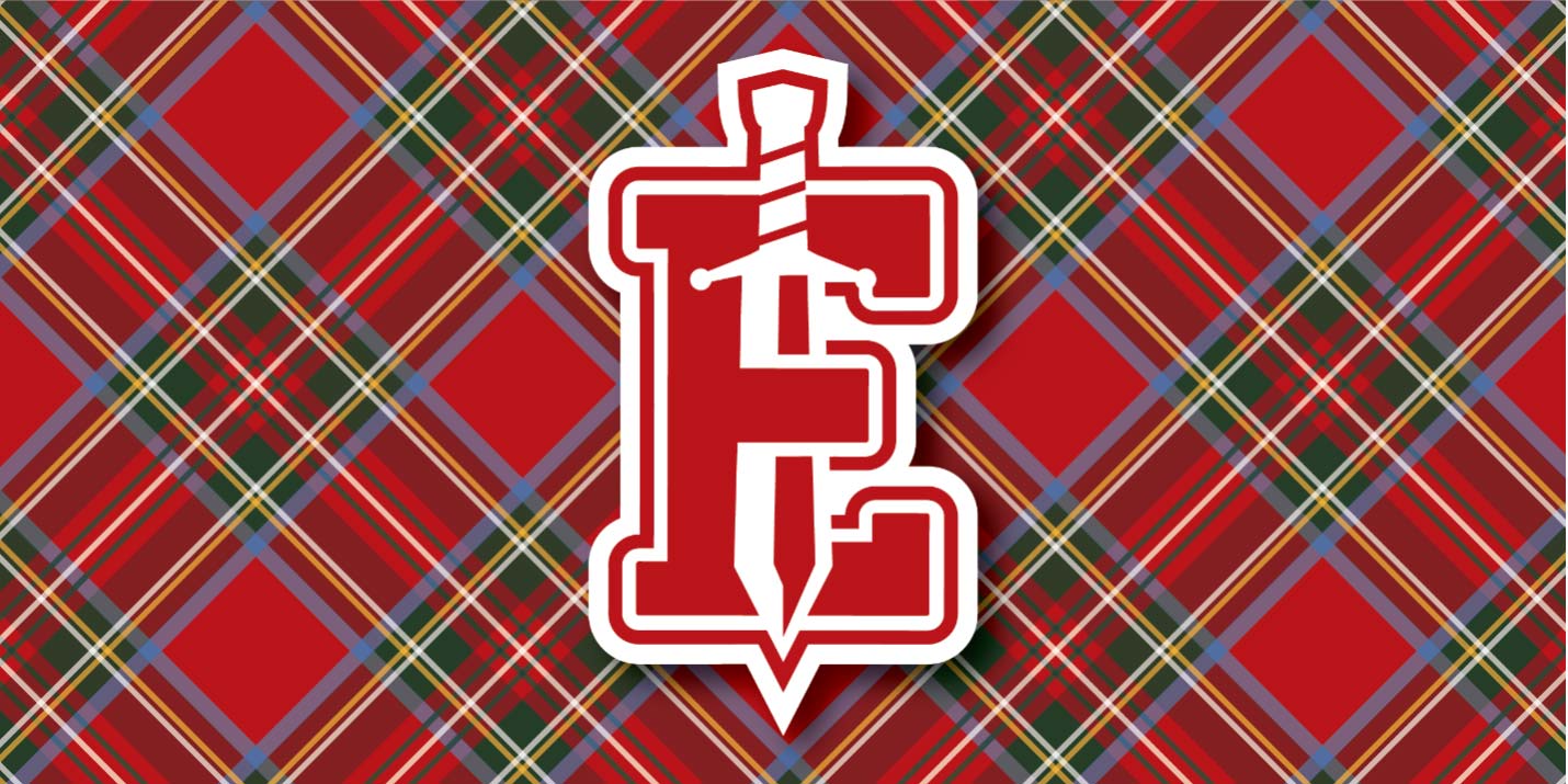 Edinboro logo with sword and tartan background