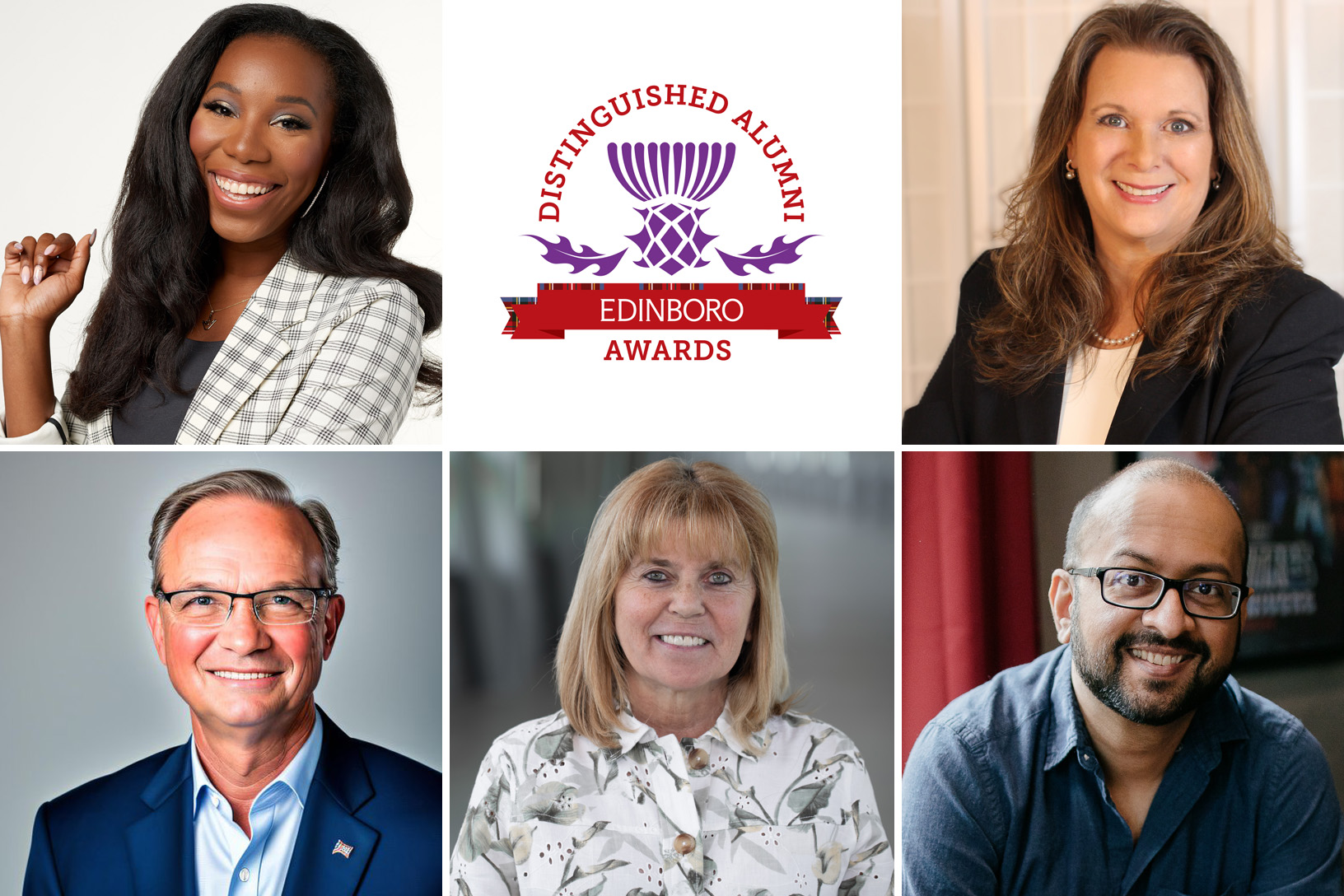 Vanessa Herring, Distinguished Alumni Awards logo, Deborah Allwes Largoza, Patrick T. Logue, Dr. Mary Jo Melvin and Jalil Sadool