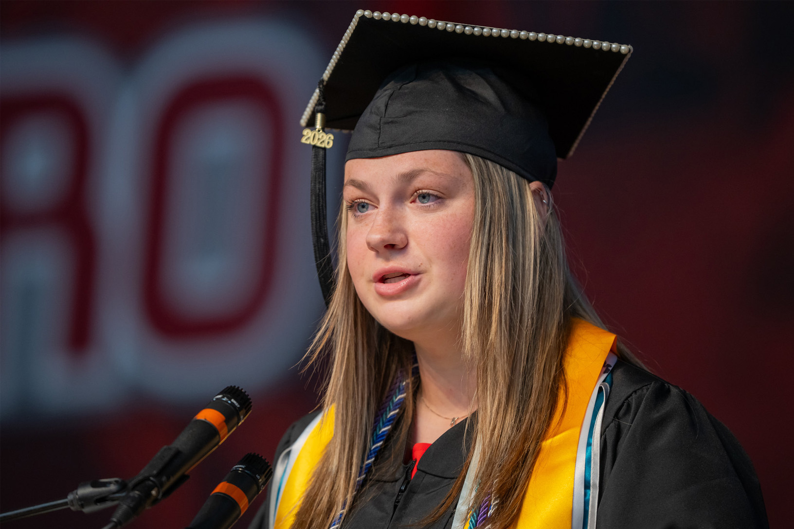 Kendal Mumaw addresses fellow graduates during spring 2026 commencement ceremonies at PennWest Edinboro