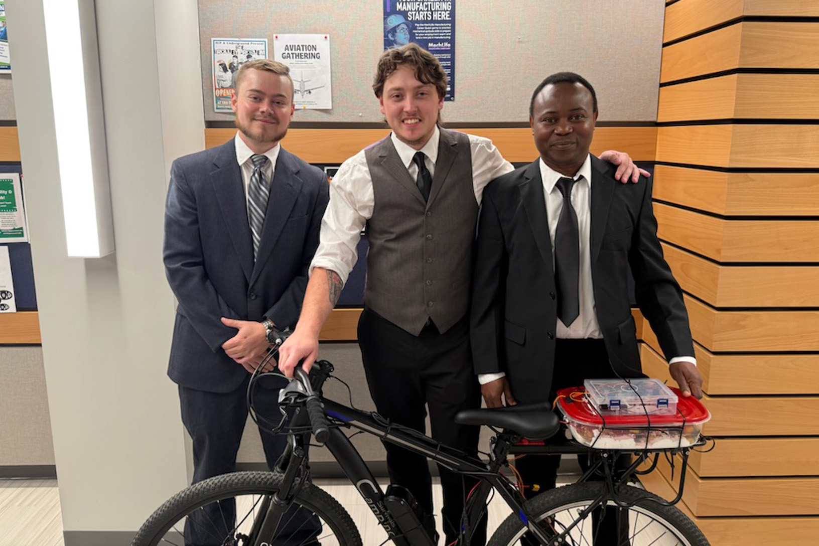 Electrical engineering technology students Tyler Himmelberger, John Whiteside and Obasi Egbuta collaborated on the Vapor Bike senior design project.